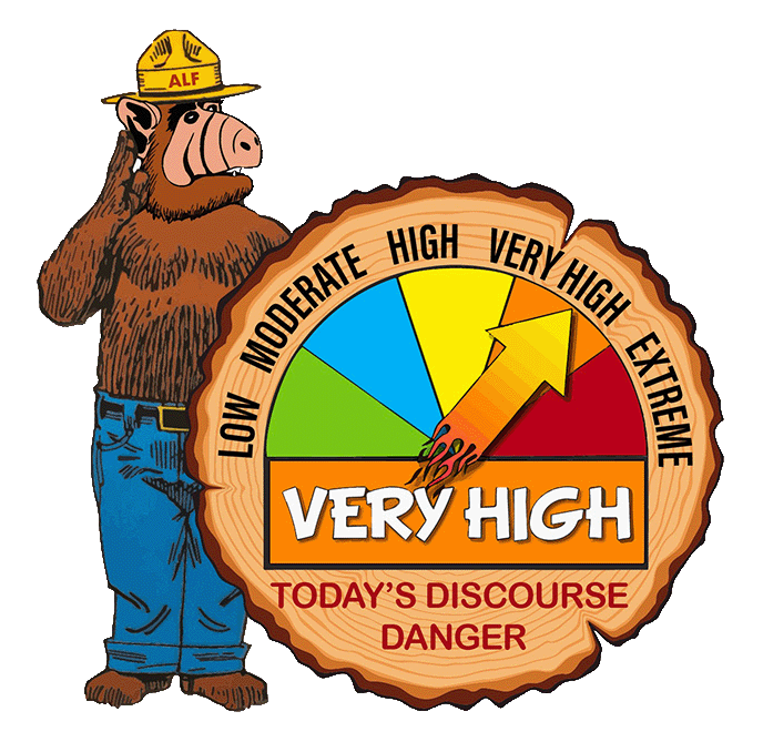 ALF dressed as Smokey Bear, standing next to a discourse danger gauge on a log cross-section